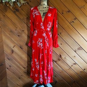 GAP Long Sleeve Wrap Midi Dress - Red Floral